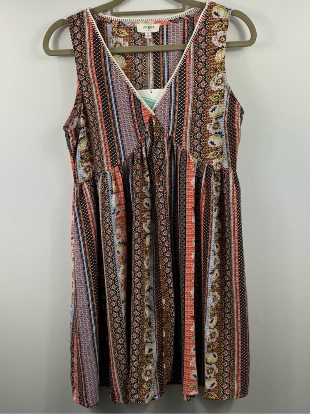 Umgee Multi-Color Floral Print Lace Trim Mini Dress Size M